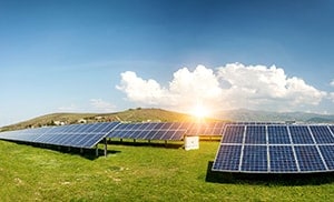 Photo of solar panels across a solar field
