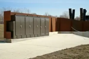 a group of metal lockers outside